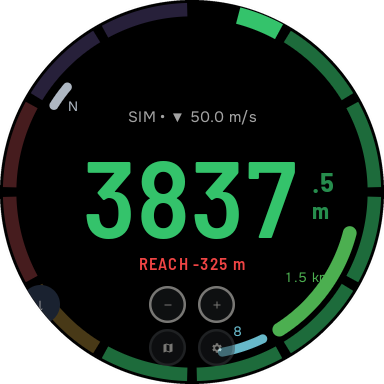 Skyvw Altimeter in freefall, showing 3 837 metres on a segmented phase ring